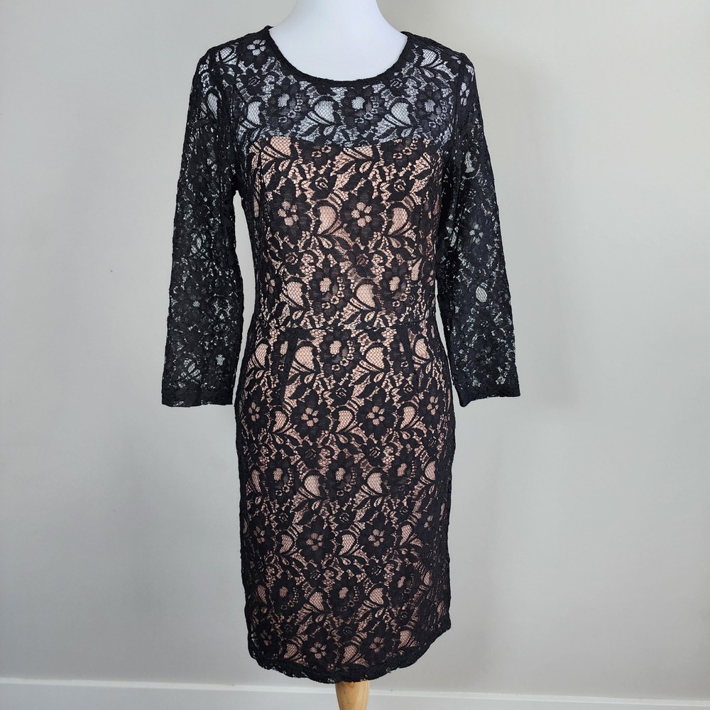 Rickis Lace Sheath Dress Womens 6 Black Floral Overlay Nude Lining Formal Y2K